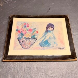 Vintage DeGrazia Laminated Wood Plaque Girl with Flower Cart Scottsdale Art 6.5"